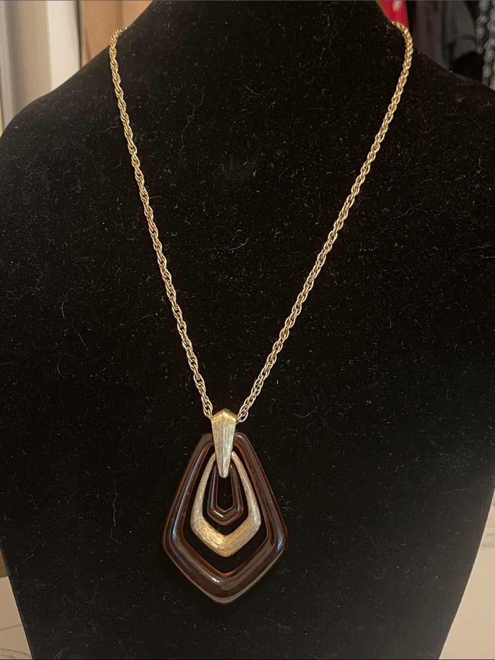 Avon Gold-Tone Chain Necklace with Brown Layered Geometric Pendant